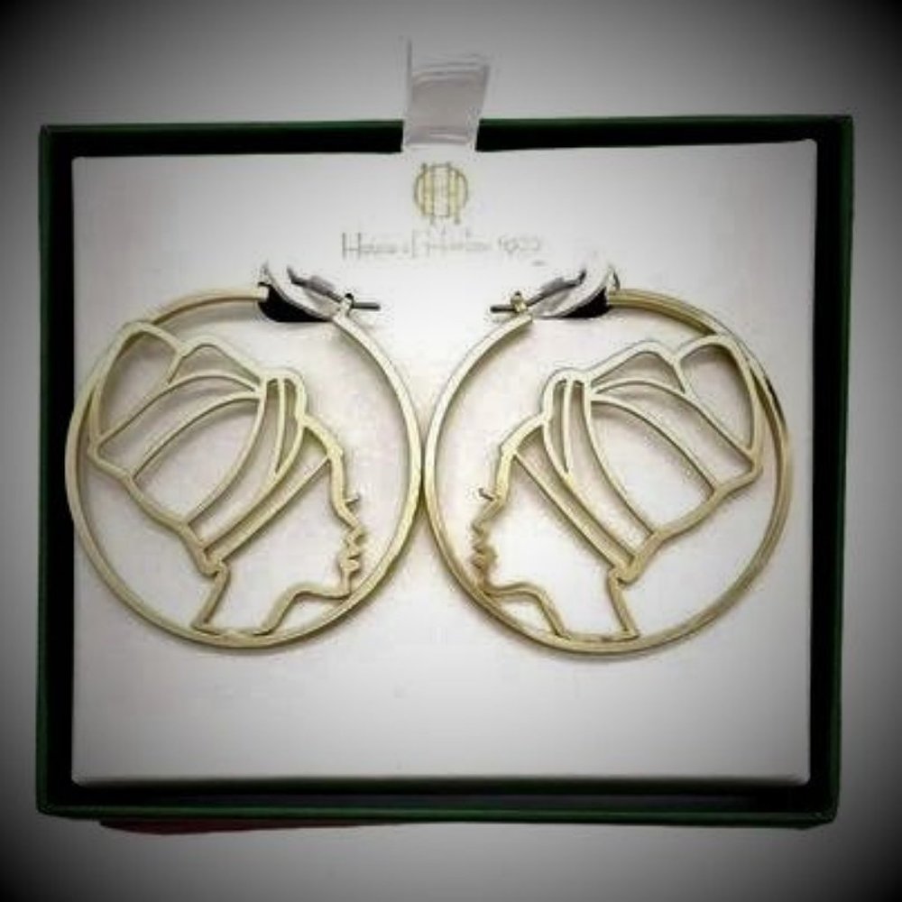 House of Harlow 1960 2” Gold TONE Hoops EARRINGS African Woman Turban Head Wrap